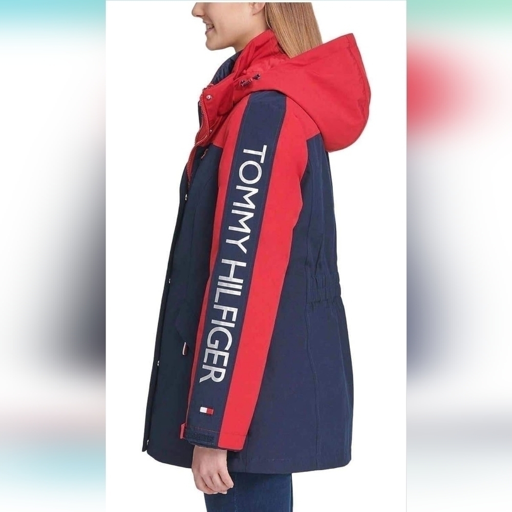 Tommy Hilfiger 3-in-1 Coat/ Jacket Sz S Removable Hood Large Logo Gathered Waist